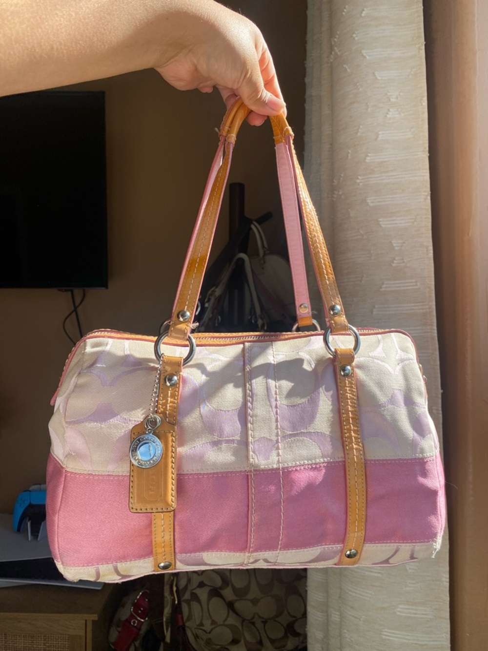 Coach Baby Pink Signature Stripe Canvas Satchel - Picture 7 of 7